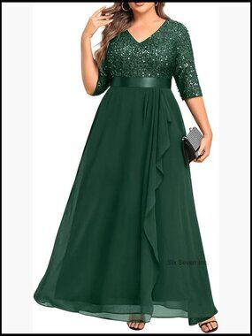 Sequin and Chiffon Formal Gown V Neck 3/4 Sleeves Plus Size Evening Dress